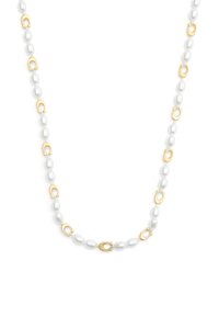 Pearl necklace featuring alternating white pearls and gold hardware in a horseshoe shape, creating a textured and elegant design.