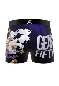 Boxers noirs ornés d'un personnage de dessin animé coloré avec des cheveux blancs et un sash violet, accompagnés du texte "GEAR FIFTH" en lettres blanches et grasses.