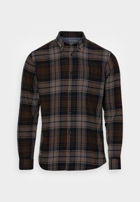 Camicia a quadri marrone e blu con colletto button-down. Presenta un grande motivo a quadri e una tasca singola sul petto. Tessuto morbido, maniche lunghe.