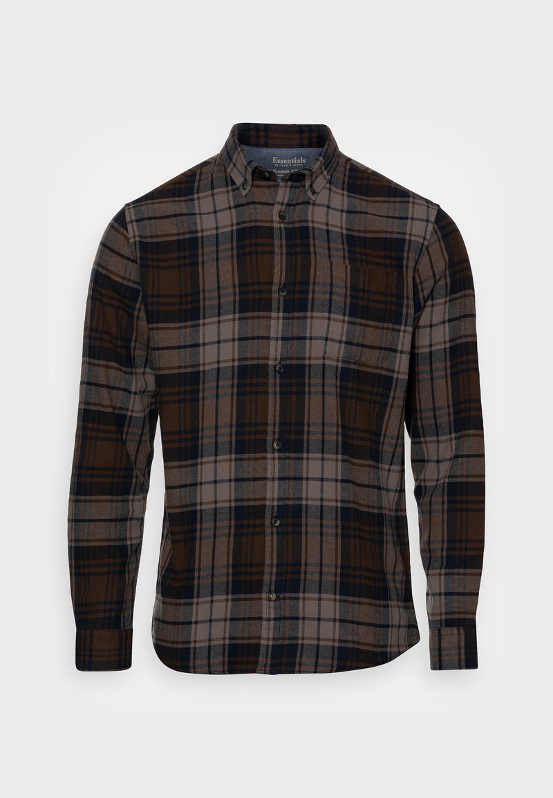 Camicia a quadri marrone e blu con colletto button-down. Presenta un grande motivo a quadri e una tasca singola sul petto. Tessuto morbido, maniche lunghe.