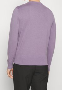 Pull-over lilas avec un col rond côtelé, des poignets et un ourlet ajustés. Texture douce, maille légère et silhouette classique.
