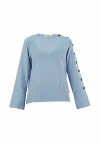 Blusa a righe blu e bianche con scollatura rotonda, maniche lunghe e dettagli con bottoni lungo il lato sinistro. Realizzata in tessuto leggero.