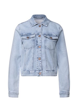 Veste en denim bleu clair à manches longues, fermeture à boutons, deux poches avant et design court. Possède des coutures classiques et une texture douce.
