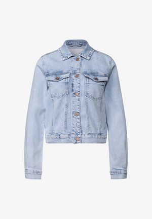 Lichtblauwe denimjack met lange mouwen, knoopsluiting, twee vo pockets en een cropped design. Heeft klassieke stiksels en een zachte textuur.