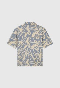 Korte mouwen shirt in lichtblauwe linnen met een beige abstract bladerenpatroon en een klassieke kraag. Gestructureerde stof met een relaxte pasvorm.