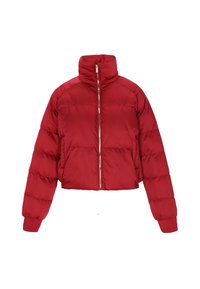 Czerwona kurtka puchowa w kroju cropped, gładki nylonowy materiał, wysoki kołnierz, zamek błyskawiczny, ściągacze na mankietach, poziomy wzór pikowania, lekkie ocieplenie.