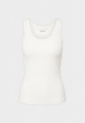 White ribbed tank top with scalloped neckline and sleeve edges, displayed on a plain light background.
