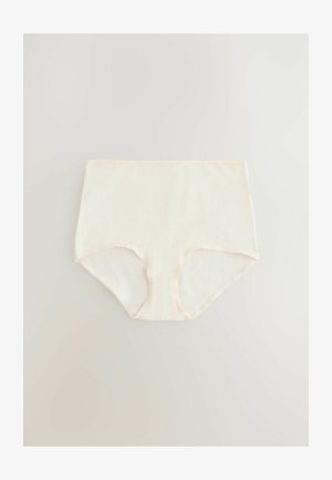 Cremfarbene hochgeschnittene Unterwäsche aus glattem Stoff mit breitem Gummibund und elastischen Details an den Beinausschnitten. Keine Muster oder Verzierungen.
