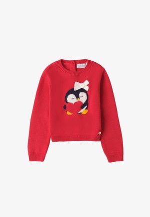 Roter gestrickter Pullover mit einem Pinguin-Motiv in der Mitte, einem weißen Bogen, gelben Füßen sowie einem gerippten Saum und Bündchen.
