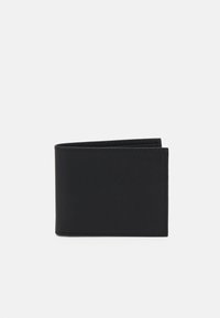 Black bifold wallet made of textured leather. Features clean lines, stitching detail, and is compact with an open design.