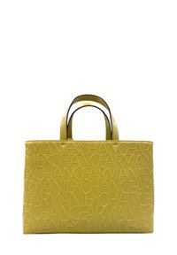 Borsa a tote in ecopelle gialla con motivo logo stampato, forma strutturata, doppi manici e texture liscia.