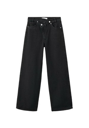 Vaqueros de mezclilla negros de talle alto con un diseño de pernera ancha, estilo de cinco bolsillos y herrajes metálicos plateados en la parte delantera para el cierre.