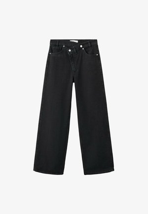 High-waisted black denim jeans with a wide-leg design, five-pocket style, and silver metal hardware on the front for closure.