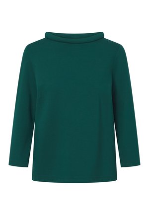 Teal long-sleeve top with a cowl neckline, made from soft fabric. Features a loose fit and a smooth texture. No visible patterns or accents.