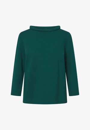 Tölgyzöld hosszú ujjú felső, lágy anyagból készült, finoman redőzött nyakkivágással. Laza szabású és sima textúrájú. Nincsenek látható minták vagy díszítések.