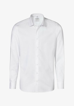 White dress shirt made of cotton, featuring a classic collar, long sleeves with buttoned cuffs, and a front placket with buttons.