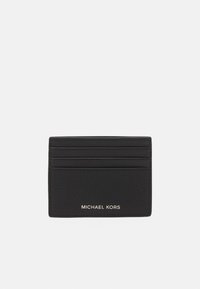 Porte-cartes en cuir noir avec plusieurs emplacements pour cartes, finition texturée et logo "MICHAEL KORS" en relief à l'avant.