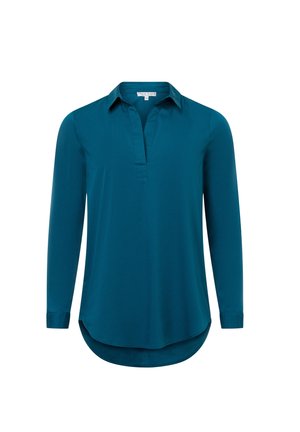 Blause in Türkis mit langärmeligen Ärmeln, Kragen, V-förmigem Ausschnitt, geknöpften Manschetten und einem geschwungenen Saum, der hinten länger ist.