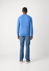 Blaue Pullover mit langen Ärmeln, Rundhalsausschnitt und geripptem Saum. Kombiniert mit hellblauen Jeans und lässigen Schuhen, von hinten betrachtet.