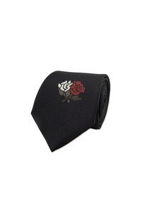 Cravatta nera realizzata in tessuto liscio con un design di rose multicolore, con accenti bianchi, rossi e verdi, arrotolata per esposizione.