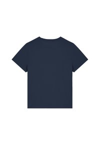 Navyblaue Baumwoll-T-Shirt mit kurzen Ärmeln, rundem Ausschnitt und glatter Textur. Schlichte Rückseite ohne sichtbare Logos oder Muster.