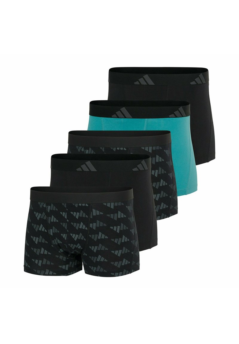 Herrboxerbriefset med fem par: tre i solid svart, ett i teal och ett med svart geometrisk mönster. Inkluderar elastiska midjeband.