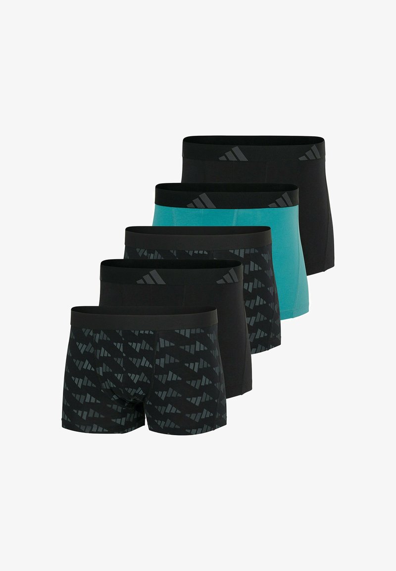 Herrboxerbriefset med fem par: tre i solid svart, ett i teal och ett med svart geometrisk mönster. Inkluderar elastiska midjeband.