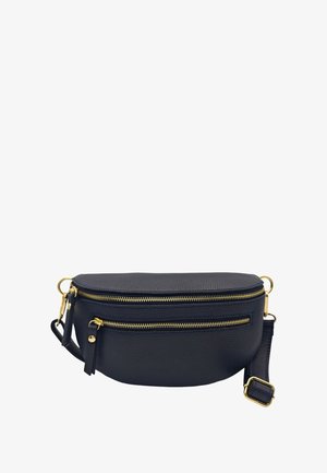 Sac bandoulière en cuir bleu marine avec une finition texturée, doté de deux zips dorés et d'une bandoulière réglable. Forme ovale compacte.