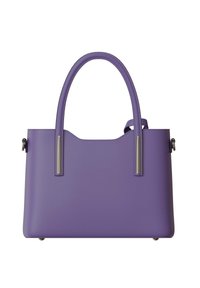 Purple leather handbag with dual handles, structured shape, smooth texture, and minimalistic design. Features silver-tone hardware accents.