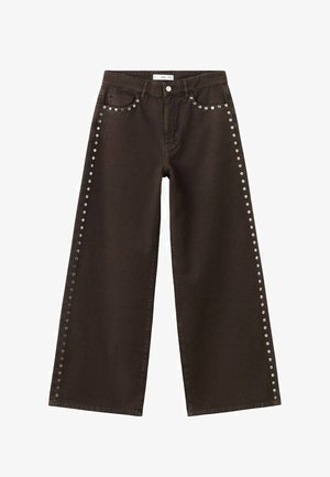 Rjave široke kavbojke z biseri iz srebra, ki obdajajo sprednje žepe in stranske šive, z gumbom ter zadrgo na pasu.