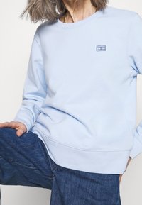 Sudadera de corte crewneck en azul claro, fabricada con un tejido suave, que presenta un pequeño logo bordado en el pecho y puños y dobladillo acanalados.