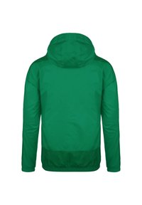 Grön lättviktig jacka med huva, elastiska ärmslut och en något mörkare grön rem vid fållen, visad från baksidan.