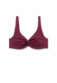 Górna część bikini w głębokim burgundzie. Posiada trójkątny kształt, skręcony detal z przodu oraz wąskie regulowane ramiączka. Wykonana z miękkiego, gładkiego materiału.
