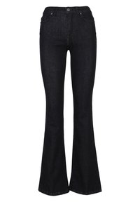 Jean noir évasé en denim, avec une taille haute, des boutons à l'avant et un design classique à cinq poches. Texture lisse, détails minimaux.