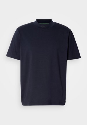 Navy blue t-shirt with a high neckline and short sleeves. Made of soft fabric, featuring a simple design without patterns or embellishments.