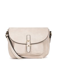 Borsa a tracolla in pelle beige con bordi arrotondati, chiusura a patta, dettagli in oro e rifiniture nere lungo i bordi.