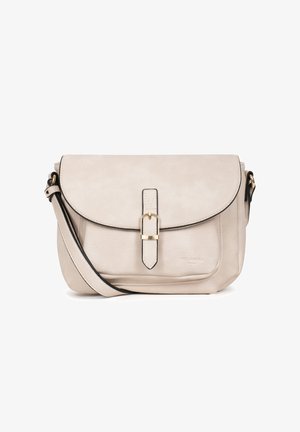 Borsa a tracolla in pelle beige con bordi arrotondati, chiusura a patta, dettagli in oro e rifiniture nere lungo i bordi.