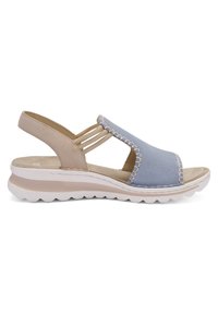 Béžová a modrá sandála s otevřenou špičkou, elastickými bočními pásky a polstrovanou bílou podrážkou, navržena pro pohodlí při každodenním nošení.