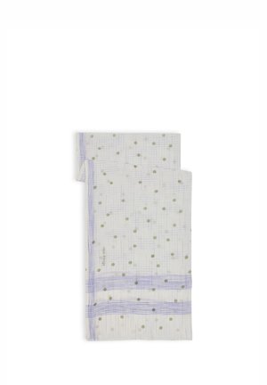 Bawełniany szal w kolorze białym z zielonymi kropkami i wzorem w kratkę. Wykończony fioletowymi paskami na końcach. Miękka, lekka faktura.