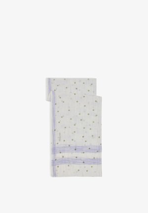 Bavlnený šál v bielej farbe so zelenými bodkami a mriežkovým vzorom. Na koncoch má purpurové pruhované akcenty. Mäkká, ľahká textúra.