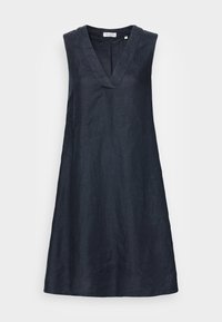 Robe sans manches bleu marine en mélange de lin, avec un décolleté en V et une silhouette A-line décontractée. Texture lisse avec un minimum de détails.