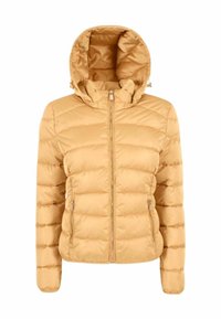 Chaqueta acolchada tipo puff en amarillo claro con capucha, que presenta un cierre frontal con cremallera y dos bolsillos laterales. Tejido suave y brillante.