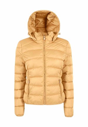 Giacca imbottita e trapuntata di colore giallo chiaro con cappuccio, dotata di chiusura frontale con zip e due tasche laterali. Tessuto liscio e lucido.