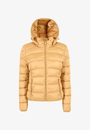 Giacca imbottita e trapuntata di colore giallo chiaro con cappuccio, dotata di chiusura frontale con zip e due tasche laterali. Tessuto liscio e lucido.
