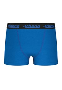 Boxer shorts en coton bleu avec une ceinture noire comportant "Athena" en lettres bleues. Texture lisse avec des détails de couture contrastants.
