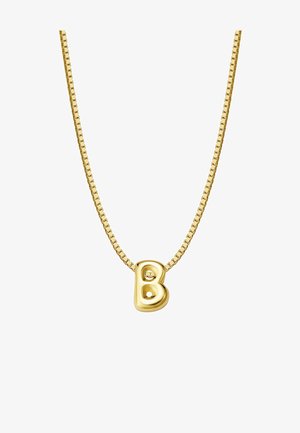 Collier en or avec un pendentif en forme de lettre "B" stylisé et massif, orné d'un petit accent en pierre précieuse, sur une chaîne à maillons carrés plats.