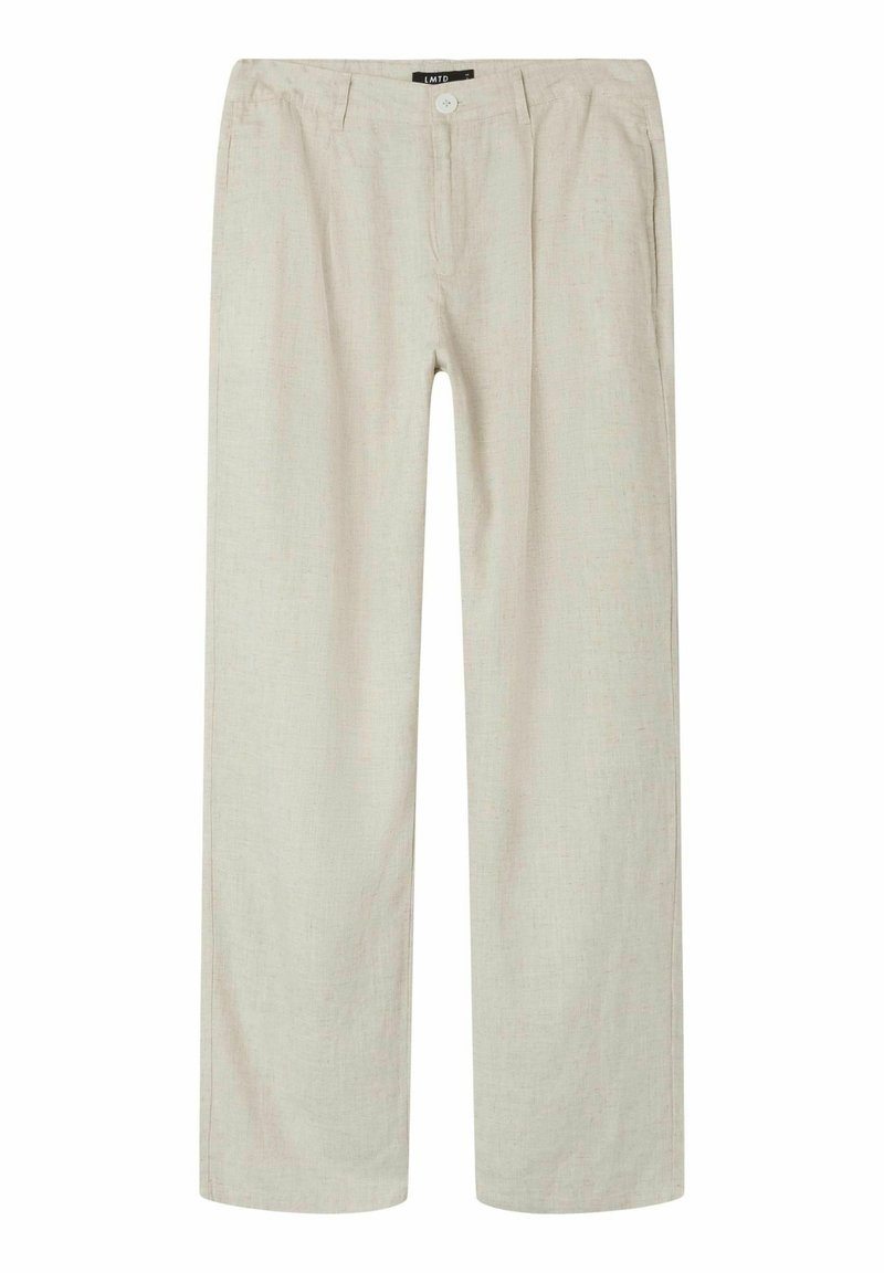 Pantalon beige en lin à jambes droites avec fermeture à bouton et fermeture éclair, poches avant, et étiquette de taille indiquant "LMTD".