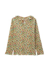 Blouse à fleurs à manches longues, base crème, fleurs rouges et jaunes vives, feuilles vertes, encolure à volants et détail dos en trou de serrure.