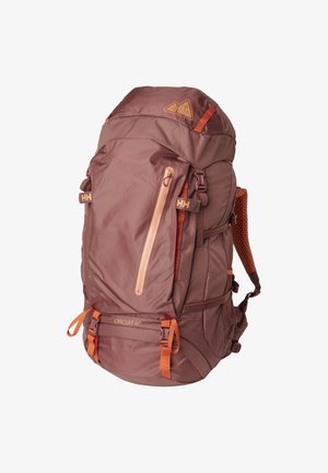 Grande zaino da trekking bordeaux e arancione con molteplici cinghie, tasca anteriore con cerniera, spallacci imbottiti e etichetta "Circuit 60".