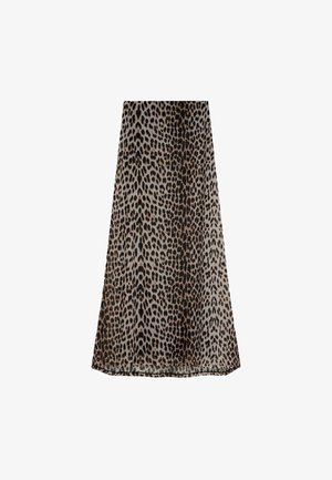 Falda con estampado de leopardo hecha de tejido ligero. Presenta una forma acampanada, con tonos de marrón y negro en un patrón de manchas. El dobladillo es recto.